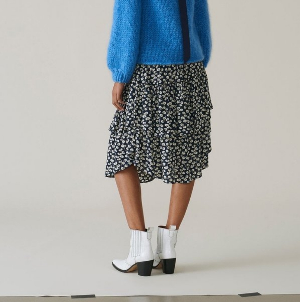 Elegant Navy Blue Roseburg Printed Crepe  Skirt